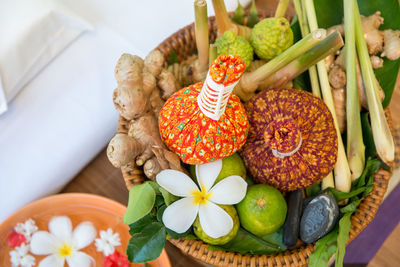 High angle view of vegetables on table