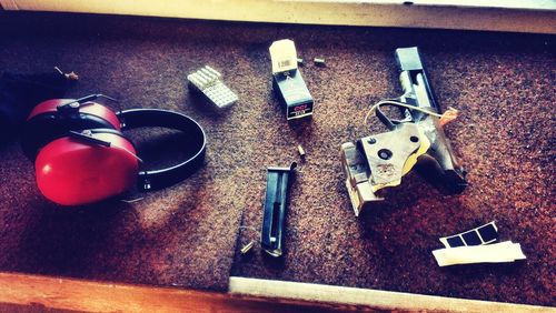 Close-up of objects on wooden table