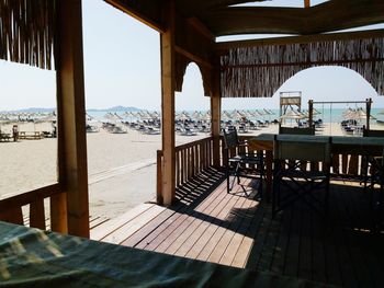 Empty chairs and tables in restaurant