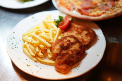 High angle view of food in plate on table