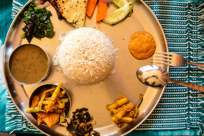 High angle view of food in plate on table