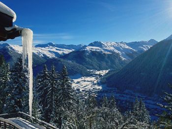 Scenic view of snowcapped mountains against sky seen from hotel schatzalp