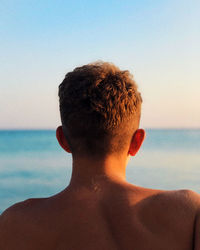 Rear view of shirtless man in sea against sky