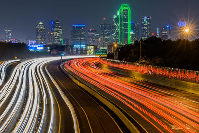 Light trails on road at night