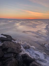 Frozen morning sunrise over lake erie