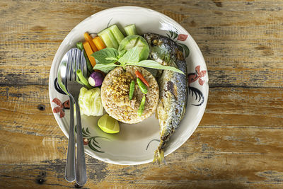 Directly above shot of breakfast served on table