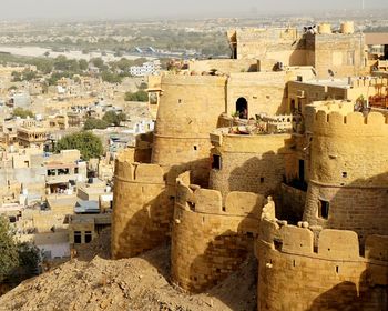 High angle view of old buildings in city