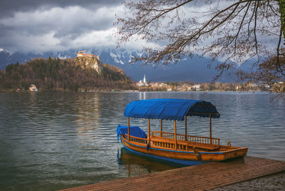 Scenic view of a boat and a lake against sky 