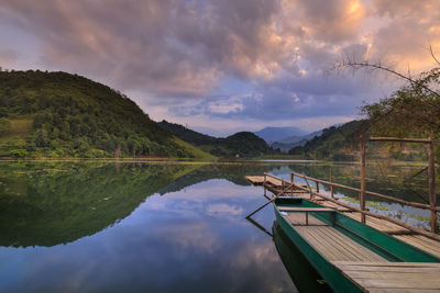 Scenic view of lake and mountains against sky