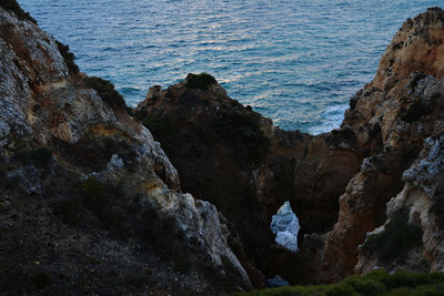 High angle view of rock formation at sea shore