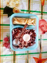 High angle view of food on table