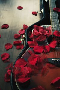 High angle view of rose in vase on table