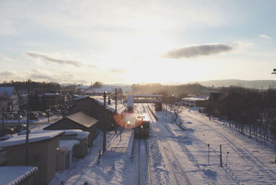 High angle view of city during winter