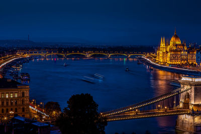 Illuminated bridge over river at dusk