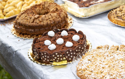 High angle view of chocolate cake on table