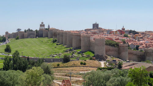 Buildings in city against clear sky