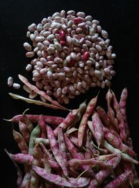 High angle view of red chili peppers on table