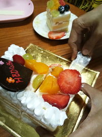 High angle view of dessert on table