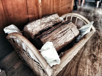 High angle view of bread in basket on table