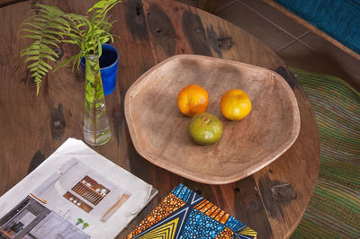 High angle view of fruits in bowl on table