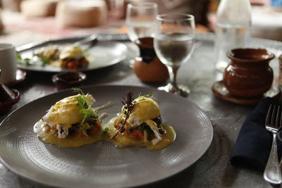 Close-up of food served on table