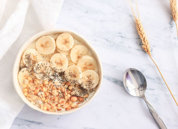 High angle view of breakfast on table