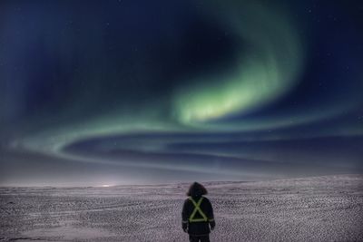 Rear view of people standing on snow covered landscape at night