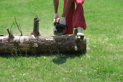 Low section of man cutting log on lawn