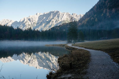 Scenic view of lake by snowcapped mountains against sky