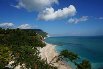 Beautiful view of adriatic sea from numana, italy during summer in sunny day with blue and cloud sky