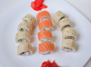 Close-up of sushi served in plate