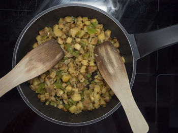 High angle view of vegetables in cooking pan