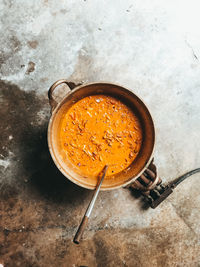 High angle view of soup on table