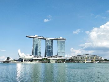 View of city buildings against cloudy sky