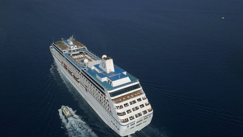 High angle view of ship sailing on sea