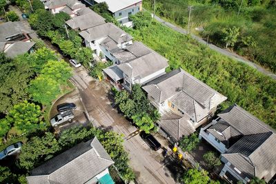 High angle view of street amidst buildings