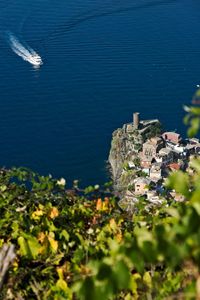 Aerial view of buildings by sea