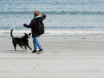 Full length of girl with dog on beach