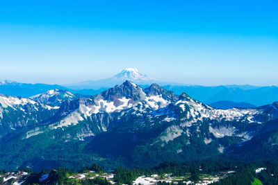 Scenic view of snowcapped mountains against clear blue sky