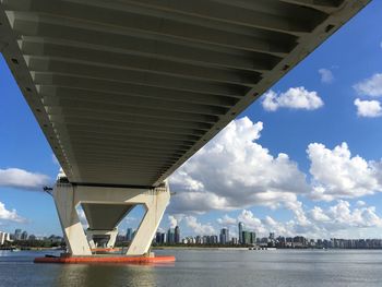 Low angle view of bridge over river against sky