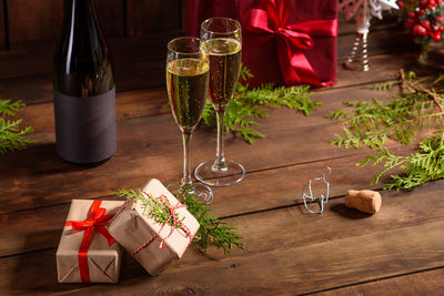 High angle view of christmas decorations on table