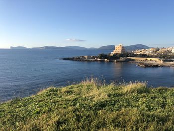 Scenic view of sea against clear sky