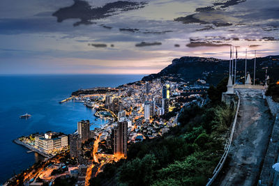 High angle view of city against cloudy sky