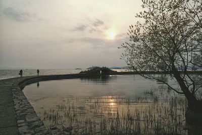 Footpath leading towards sea at sunset