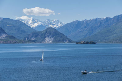 Scenic view of sea and mountains against sky