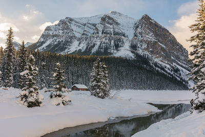 Snowy landscape at lake louise on a cold winter morning