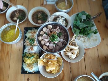 High angle view of food served on table