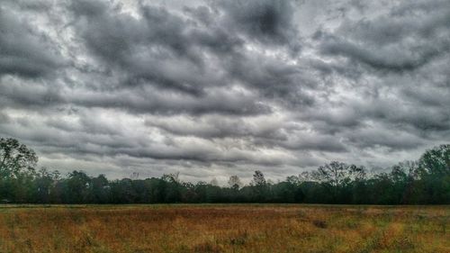 Scenic view of field against cloudy sky