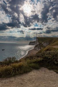 Scenic view of sea against cloudy sky