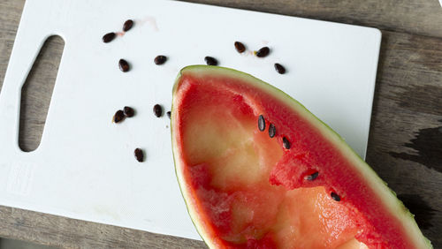 High angle view of fruits in plate on table